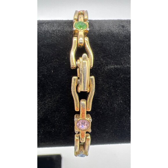 Gold-Tone Link Bracelet With Multicolor Gemstones & Fold-Over Clasp 7 Inches - Picture 3 of 6